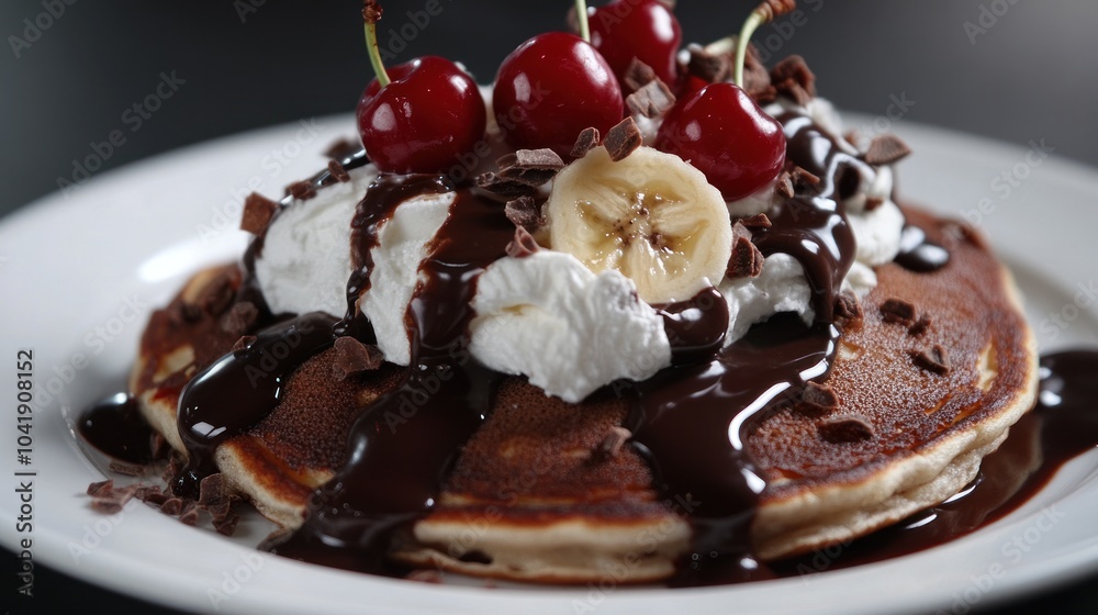 Delicious Chocolate Pancakes with Cherries and Banana Delicious Chocolate Pancakes with Cherries and Banana