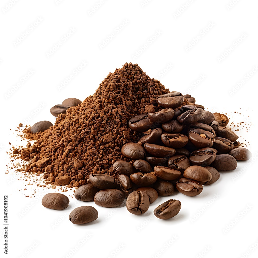 Heap of ground coffee and beans isolated on white background