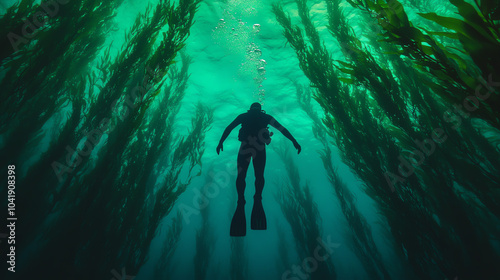 A diver explores a vibrant underwater world, surrounded by lush seaweed, showcasing tranquility and adventure beneath the ocean's surface.