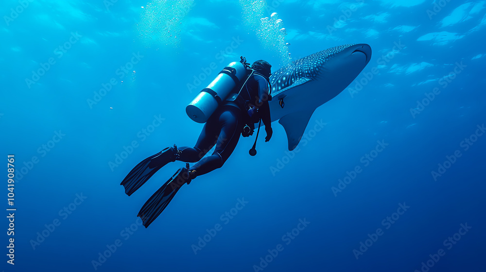 A diver exploring the ocean depths alongside a majestic whale shark, capturing the beauty of marine life in a vibrant underwater setting. A diver exploring the ocean depths alongside a majestic whale shark, capturing the beauty of marine life in a vibrant underwater setting.