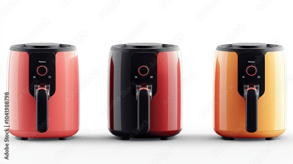 Colorful Small Air Fryers Set on White Background Colorful Small Air Fryers Set on White Background