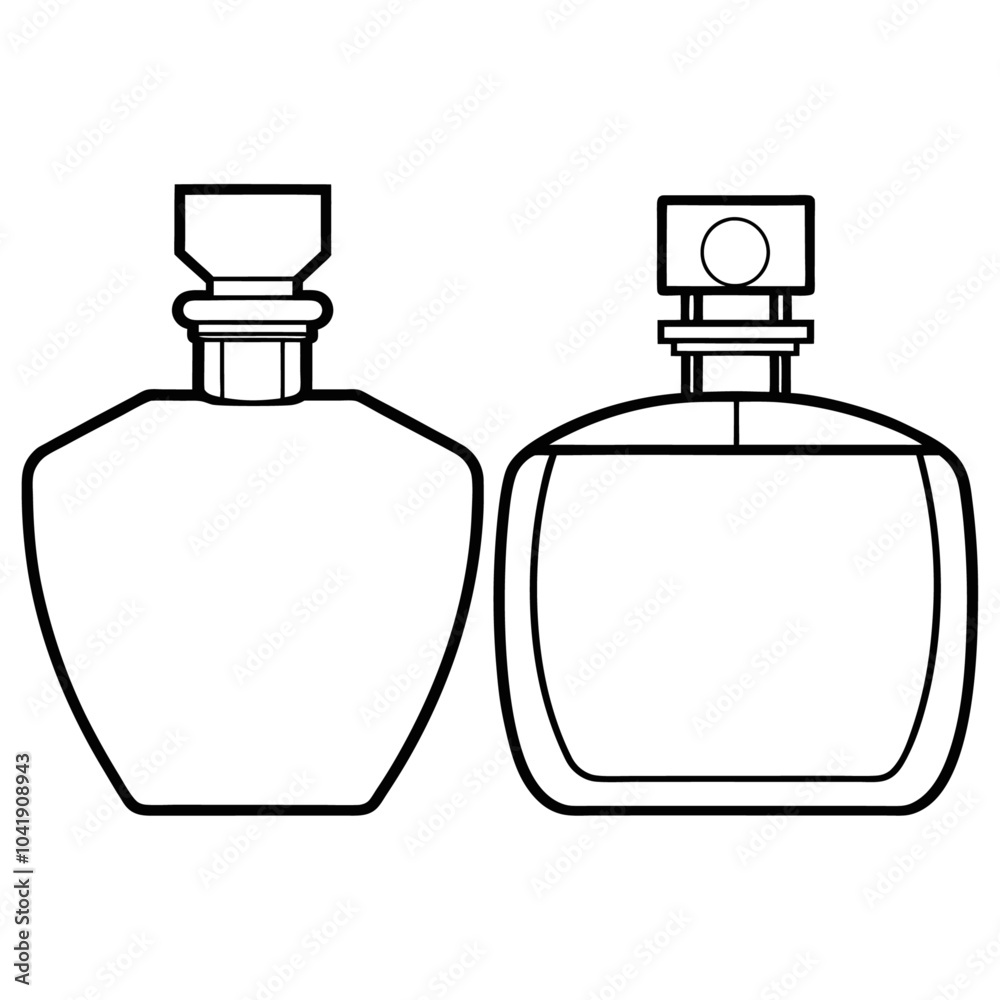 Perfume glass bottle realistic transparent, abstract geometric technical, blank white cosmetic cone shape bottle cap vector illustration