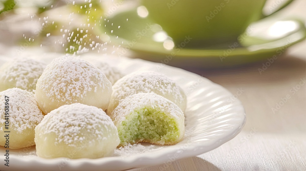 Close-up of matcha-flavored mochi placed on a white ceramic dish, with powdered sugar dusting and a green tea cup in the background. --chaos