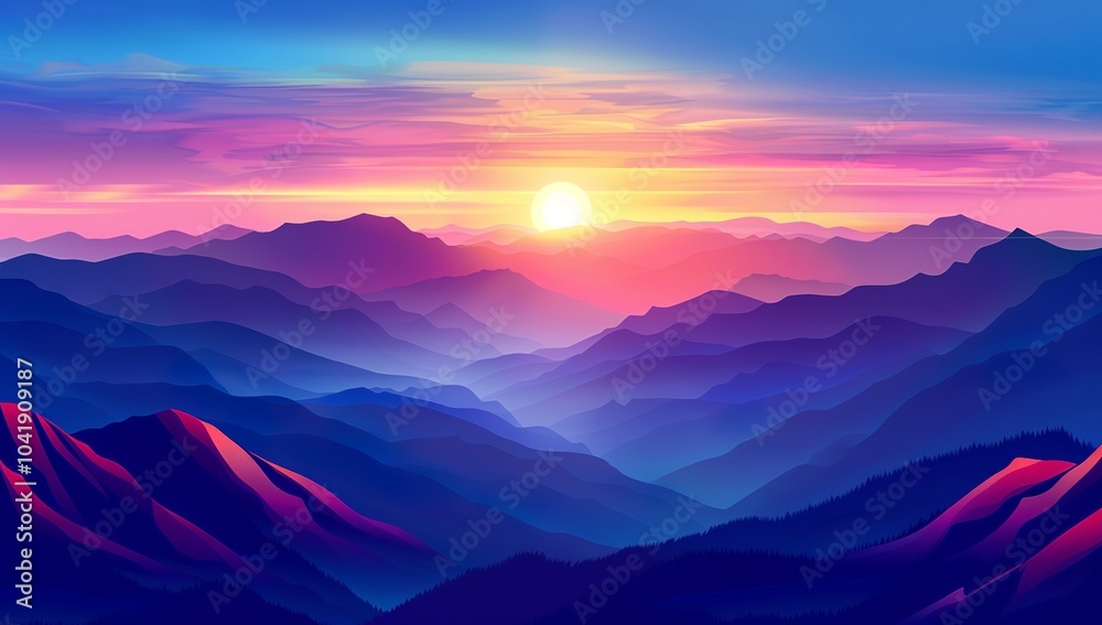 Obraz premium A breathtaking sunrise over the mountains, casting vibrant hues across the...