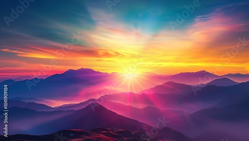 A breathtaking sunrise over the mountains, casting vibrant hues across the...