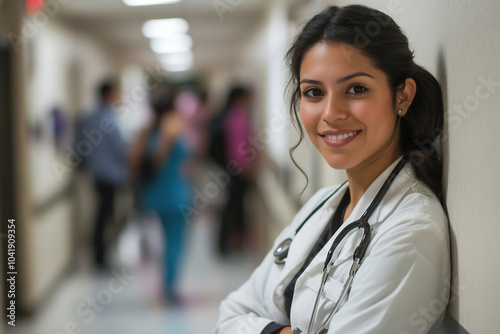 Smiling Hispanic Female Doctor Leaning Against Wall in Busy Hospital Hallway