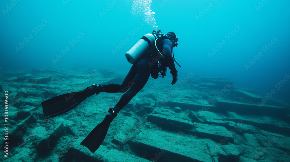 custom made wallpaper toronto digitalA scuba diver exploring an underwater site with remnants of ancient structures, showcasing the beauty and mystery of marine archaeology.