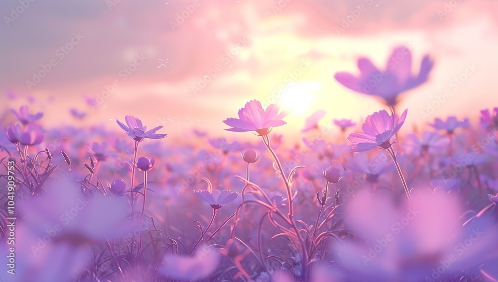 Naklejka premium A field of purple cosmos flowers, with the sun setting in the background. The...