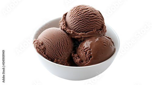 Delicious chocolate ice cream scoops in a white bowl ready to be enjoyed on a sunny day.