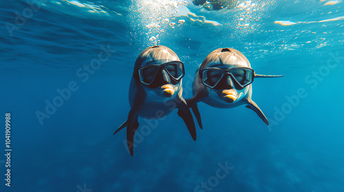 Two dolphins swimming gracefully underwater, showcasing their playful nature and loving bond in a vibrant ocean environment.