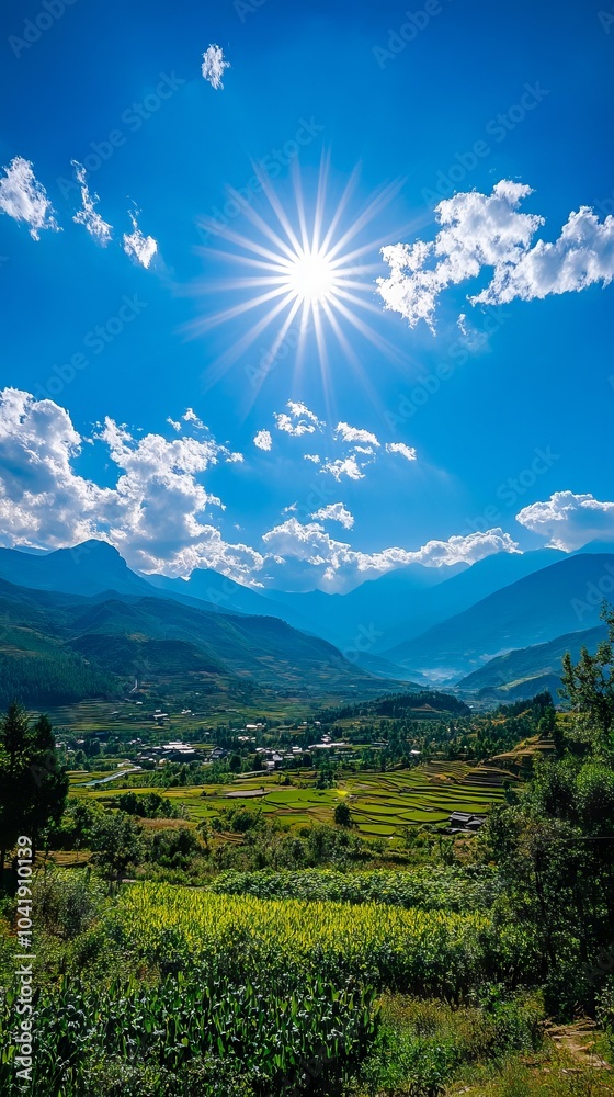 Naklejka premium A view of the sun shining brightly over a green field
