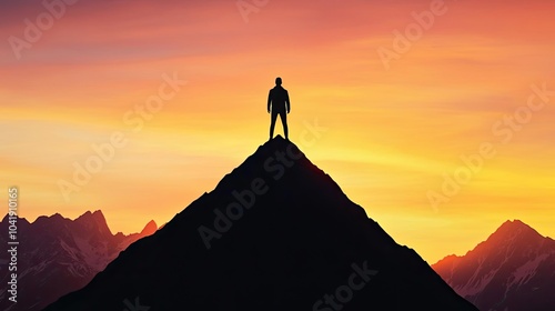 A lone figure stands atop a majestic mountain peak, silhouetted against a stunning sunset backdrop, symbolizing achievement and adventure.