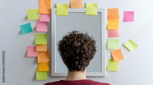 A person with curly hair stands in front of a mirror surrounded by colorful sticky notes, reflecting on ideas and brainstorming creative thoughts.