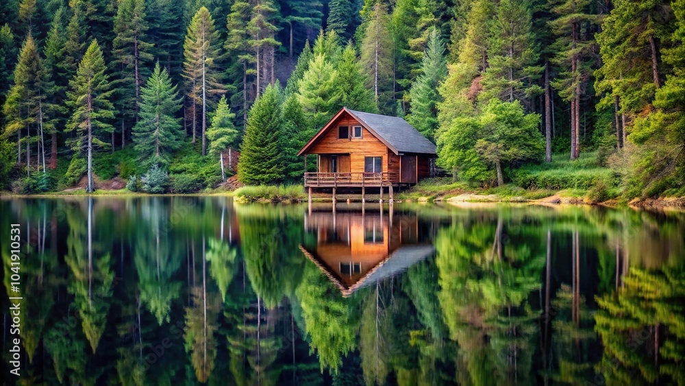 Fototapeta premium Cabin in the woods with lake background
