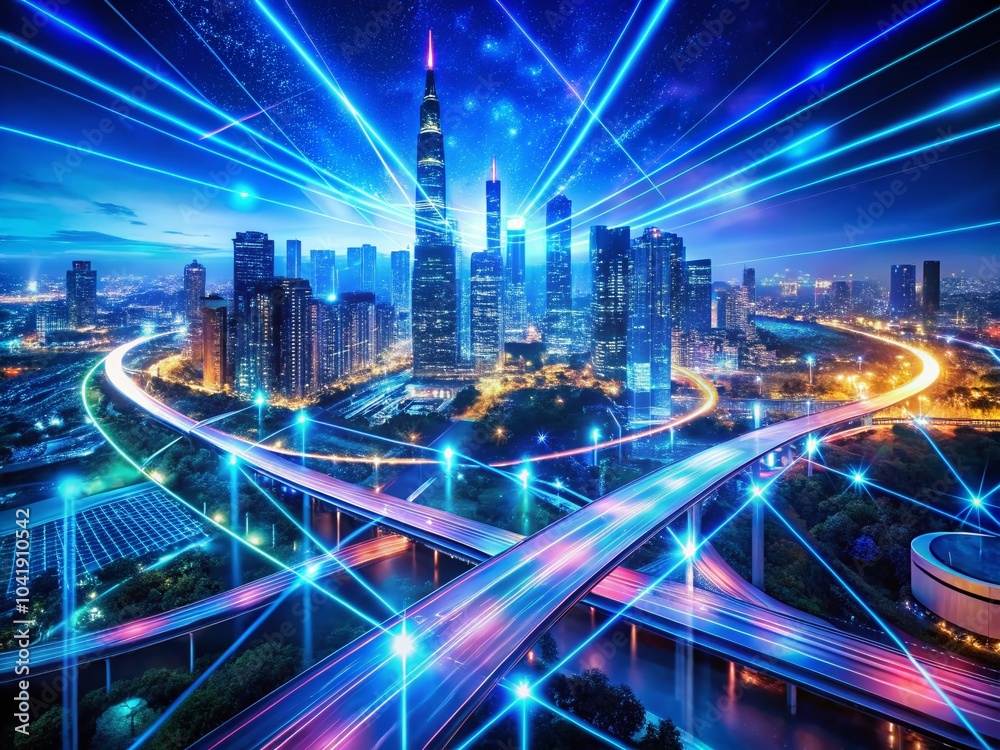 High-Speed Data Transfer in Futuristic Digital Space - Aerial View of Advanced Technology Network