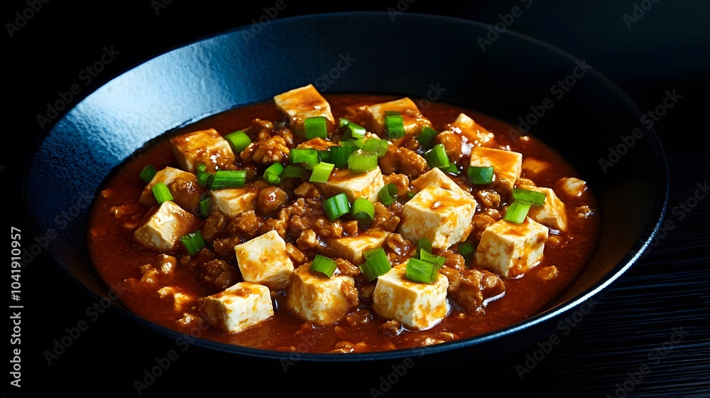 A plate of Chinese mapo tofu with minced pork, served on a black ceramic plate, 4K resolution, dark tone background A plate of Chinese mapo tofu with minced pork, served on a black ceramic plate, 4K resolution, dark tone background