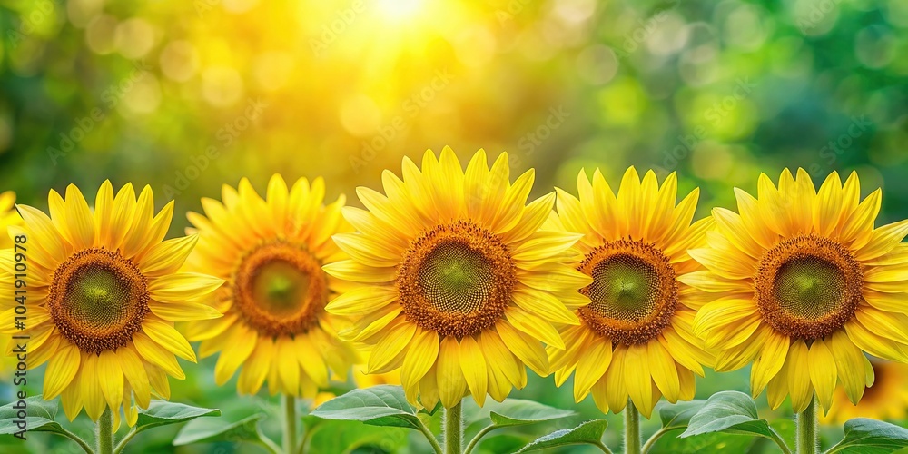Fototapeta premium Yellow sunflowers blooming against green leaves background