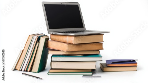 Laptop on a stack of books with pen