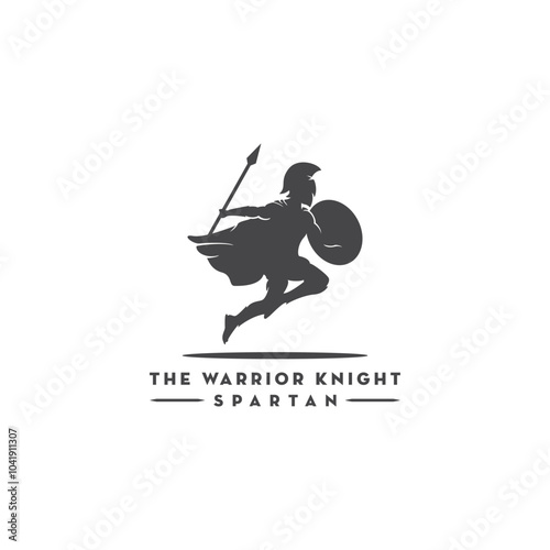 silhouette of spartan warrior,Greek warrior leaping to attack with spear and shield vector
