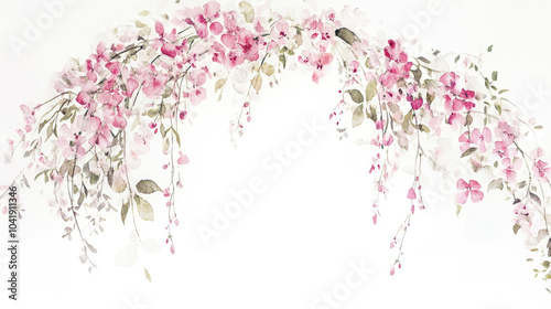 Fototapeta Naklejka Na Ścianę i Meble -  A delicate watercolor painting of a blooming cherry blossom branch, arching gracefully across a white background. The soft flowers and delicate leaves create a romantic  atmosphere, copy space.