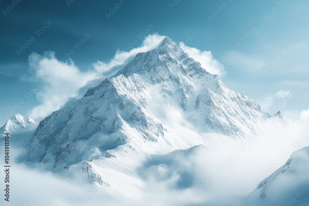 Obraz premium Majestic snow-covered mountain peak surrounded by clouds on a clear winter day