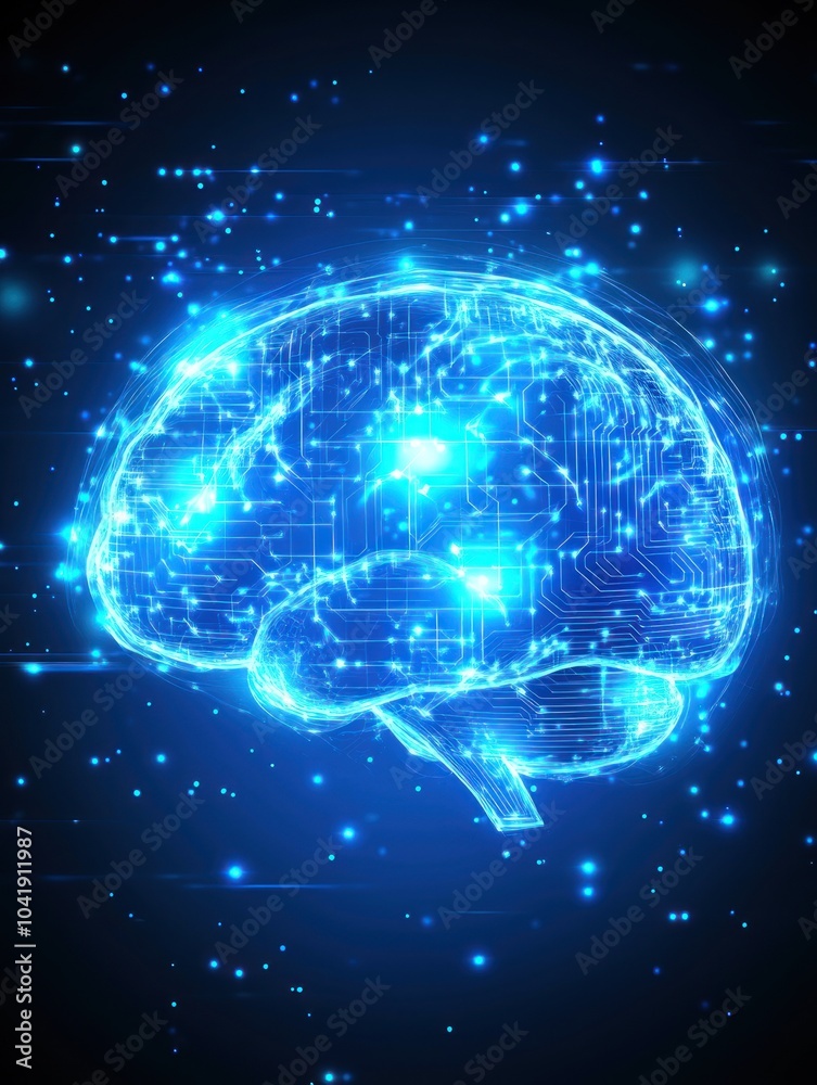 A glowing blue digital brain surrounded by particles, representing technology and intelligence. A glowing blue digital brain surrounded by particles, representing technology and intelligence.