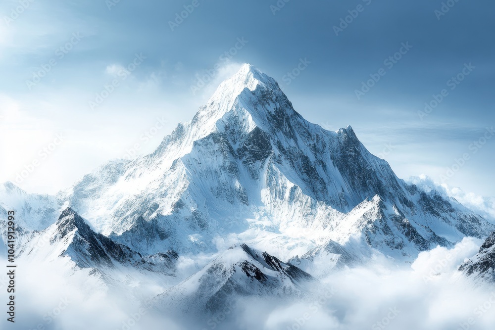 Obraz premium Majestic snow-capped mountain towering over the clouds in a clear, serene blue sky