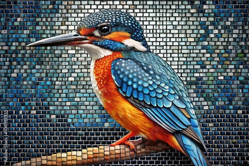 Yohen tenmoku mosaic kingfisher on colorful summer background woodblock print photo