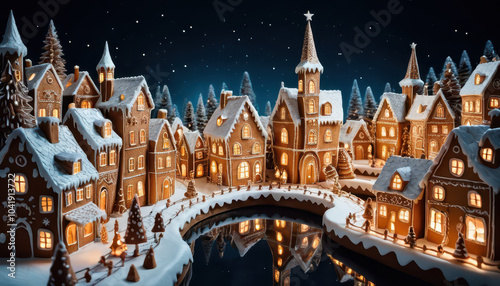 fairytale christmas city made from gingerbread at evening time photo