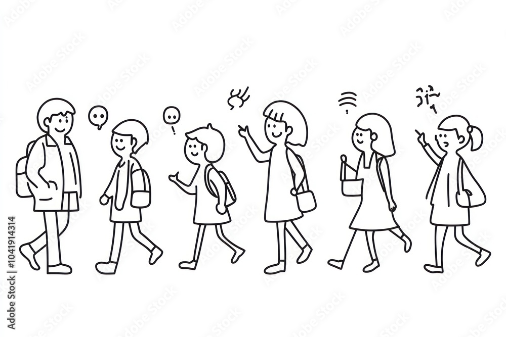 ten simple black line cute illustrations of 10 people walking, some in pairs. They are talking to each other and pointing at things ten simple black line cute illustrations of 10 people walking, some in pairs. They are talking to each other and pointing at things