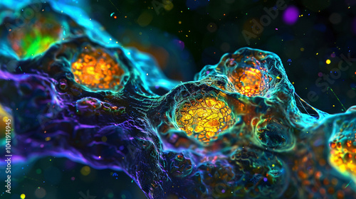 A close shot of a cell undergoing stress, showing autophagy initiation through increased autophagosome activity. photo