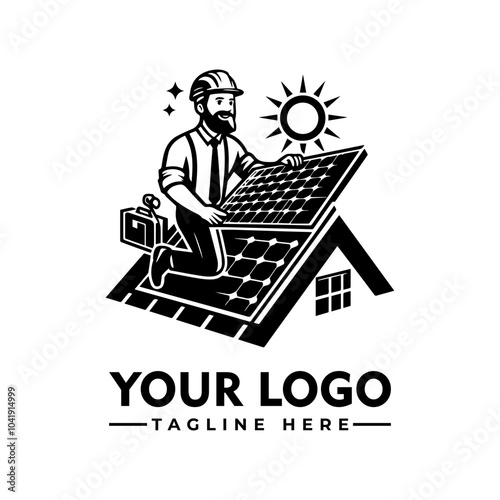 Vector Logo worker installing solar panels on rooftop city skyline. Suitable for energy, sustainability, green technology, construction, urban development, and ecofriendly concepts.