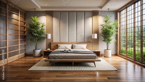 Zen inspired bedroom with double bed, minimalistic furniture, smooth bamboo floor photo