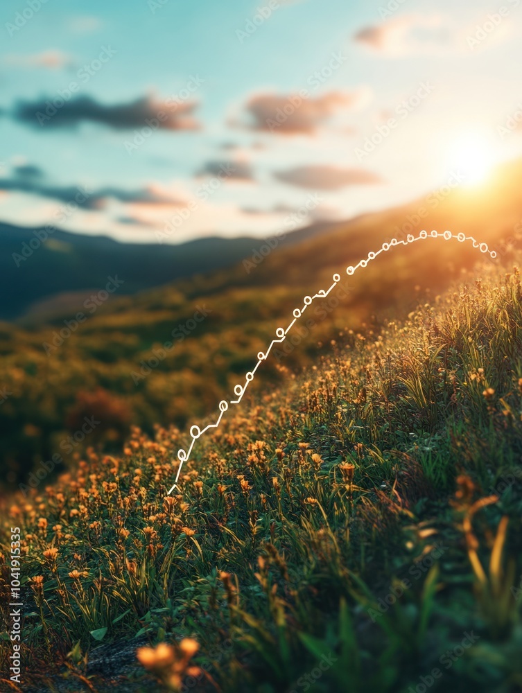 Naklejka premium A serene landscape at sunset, featuring rolling hills and vibrant wildflowers.