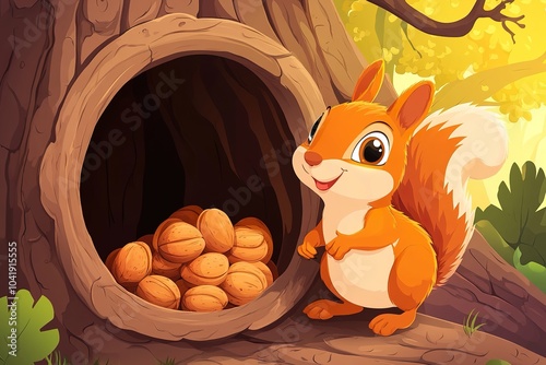 Cute Cartoon Squirrel Gathering Nuts for Winter in a Hollow Tree photo