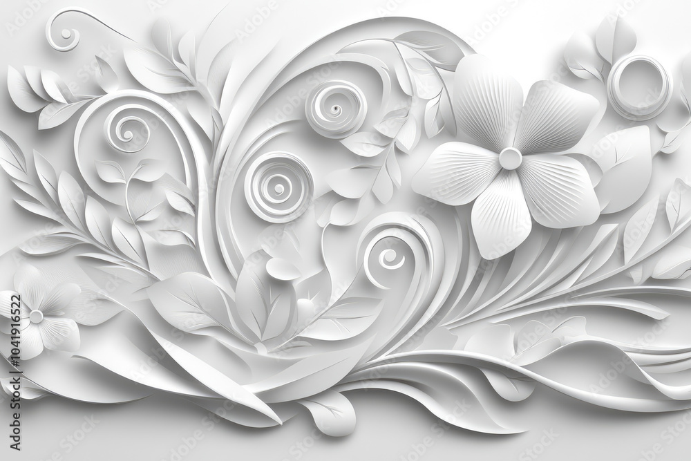 Floral Paper Cut Art Design, elegant white backdrop, intricate spiral motifs, delicate craftsmanship, vibrant floral patterns, artistic expression. Floral Paper Cut Art Design, elegant white backdrop, intricate spiral motifs, delicate craftsmanship, vibrant floral patterns, artistic expression.