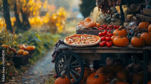 Fresh Autumn Market with Pumpkins and Pizza for a Cozy Experience in Nature