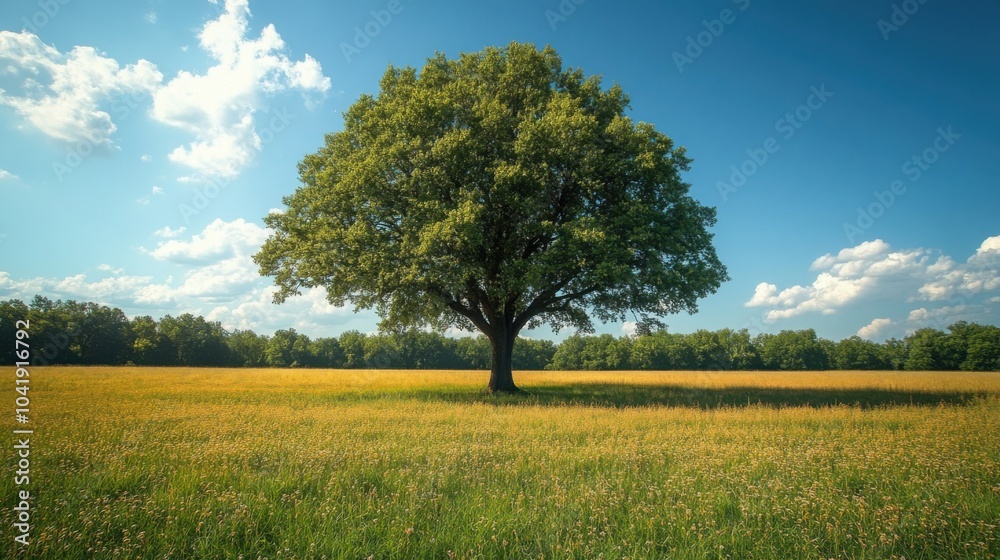A Serene Single Tree Standing Tall in a Vast Open Field Beneath a Bright Blue Sky Perfect for Nature-Themed Projects and Landscape Illustrations A Serene Single Tree Standing Tall in a Vast Open Field Beneath a Bright Blue Sky Perfect for Nature-Themed Projects and Landscape Illustrations