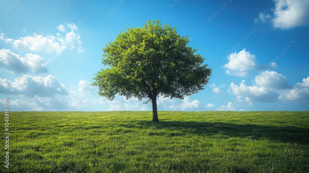 A Stunning Single Tree Standing Proudly in a Vast Open Field Under a Bright Blue Sky Capturing the Essence of Solitude and Natural Beauty A Stunning Single Tree Standing Proudly in a Vast Open Field Under a Bright Blue Sky Capturing the Essence of Solitude and Natural Beauty