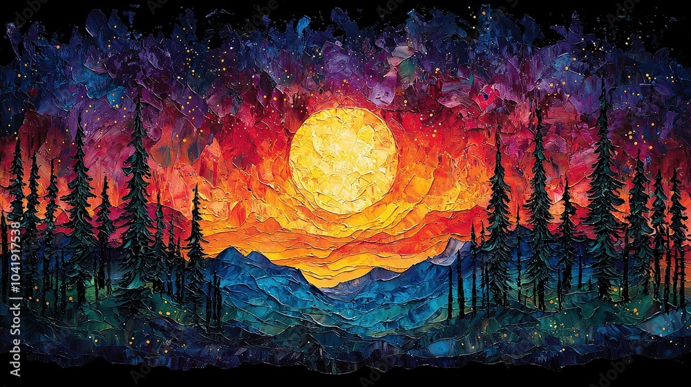A image showcasing a soft sculpture of a colorful sunset merging with Christmas trees, highlighting rich brushwork that captures the essence of the season. A image showcasing a soft sculpture of a colorful sunset merging with Christmas trees, highlighting rich brushwork that captures the essence of the season.