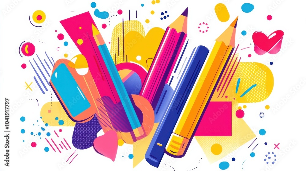 Colorful stationery design with pencils and shapes Colorful stationery design with pencils and shapes