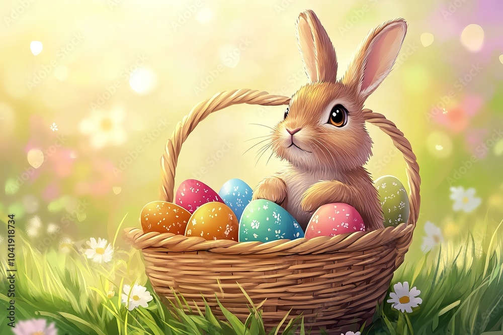 Cute Fluffy Bunny Sitting in Easter Basket with Eggs - Cartoon Illustration Cute Fluffy Bunny Sitting in Easter Basket with Eggs - Cartoon Illustration