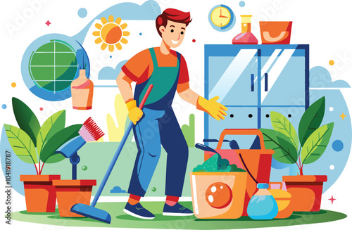 Man doing cleaning, flat illustration, vector illustration.