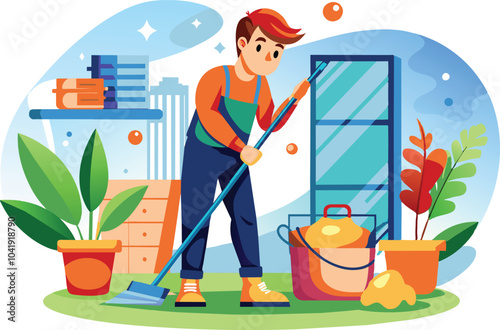 Man doing cleaning, flat illustration, vector illustration.