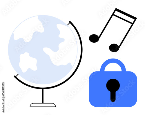 Globetrotting globe, a musical note and a blue lock symbol. Ideal for global communication, music, online security, digital privacy, education. Minimalist clean design. Aesthetic and practical