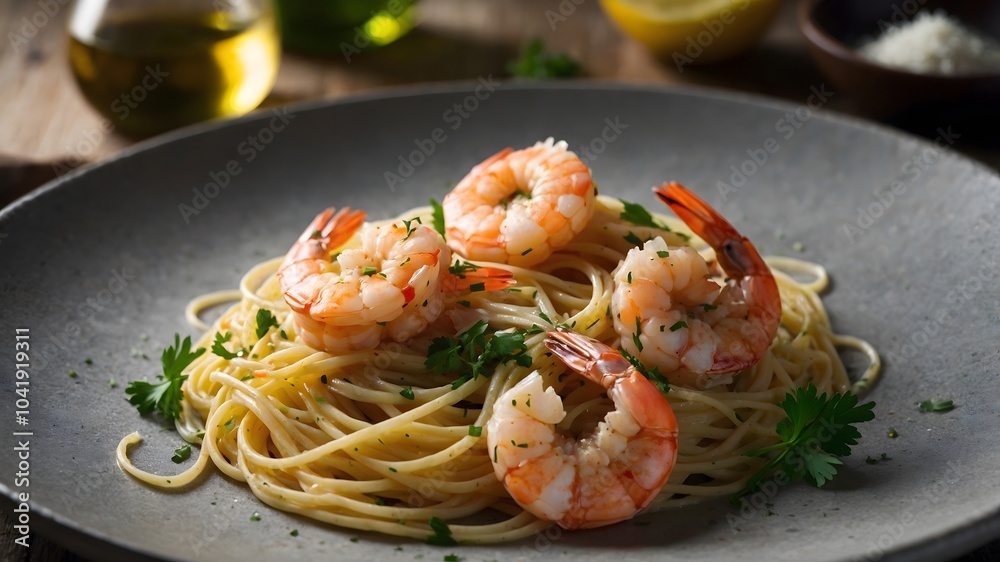Delicious shrimp pasta dish with a touch of lemon, fresh herbs, and buttery garlic sauce Delicious shrimp pasta dish with a touch of lemon, fresh herbs, and buttery garlic sauce
