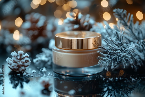 A luxury face cream jar mockup with a gold lid, placed on a black countertop with snowflackes around photo