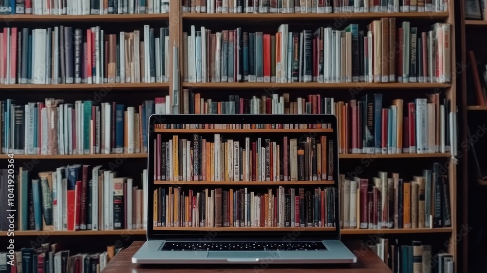 Laptop Displaying Books in a Library Setting Laptop Displaying Books in a Library Setting