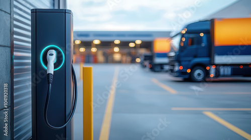 Electric vehicle charging station with trucks in background, showcasing modern transport