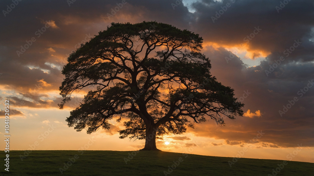 Majestic tree on hill during sunset with vibrant colors and clouds creating a serene landscape scene.